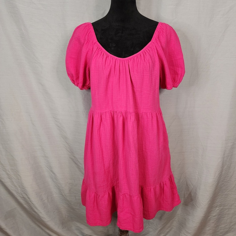 UNIVERSAL THREAD Size Small Hot Pink Puffed Sleeve Cotton Gauze Tiered Dress